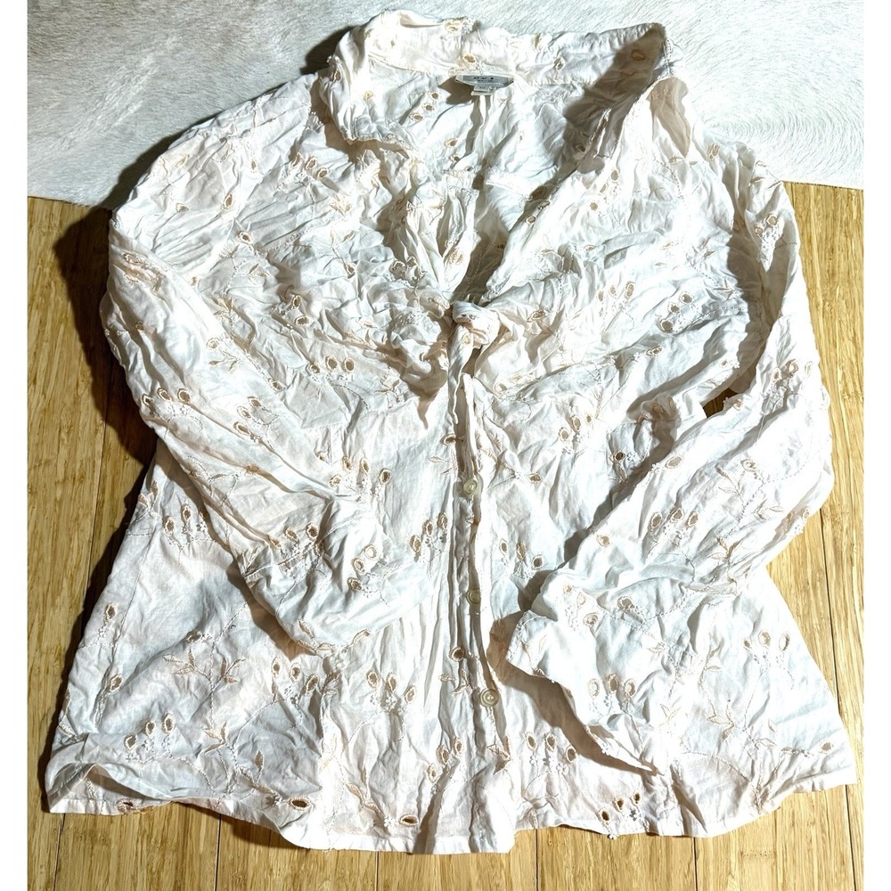 ECI collared womens 3/4 sleeve white floral sequin button up‎ top size 12 Tie
